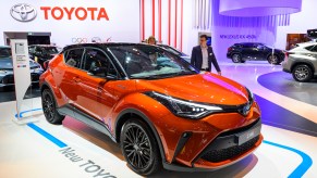 Toyota C-HR Hybrid compact crossover SUV, rival to the Honda HR-V, on display at Brussels Expo