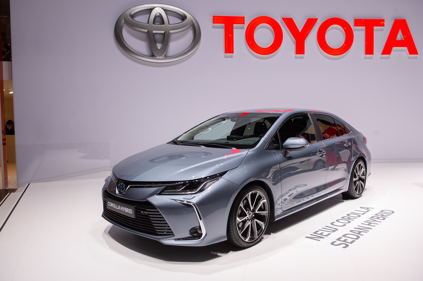 The Toyota Corolla Hybrid, competing with the Honda Civic, is displayed during the first press day at the 89th Geneva International Motor Show