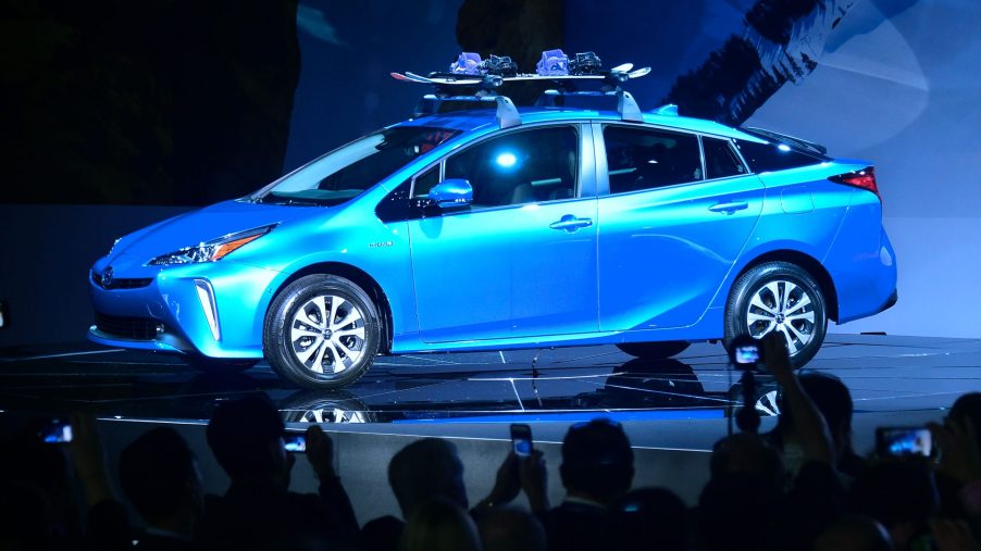A Toyota Prius AWD-e on display at an auto show