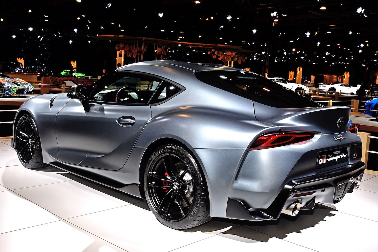 The Toyota Supra is on display at the Dream Car exposition, which is part of the Brussels Motor Show
