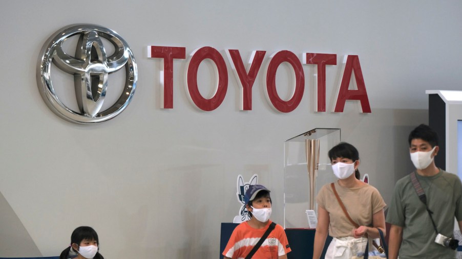 The logo of Japan's Toyota Motor is displayed at the company's car showroom in Tokyo