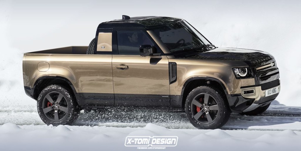 A Land Rover Defender pickup rendering shown on a snowy road.