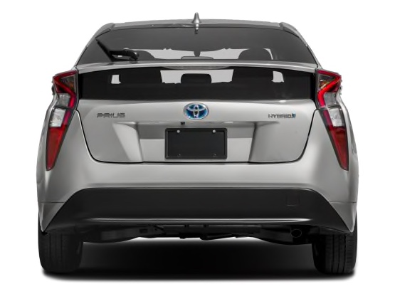 Toyota Prius press photo shows view of rear windshield and rear bumper