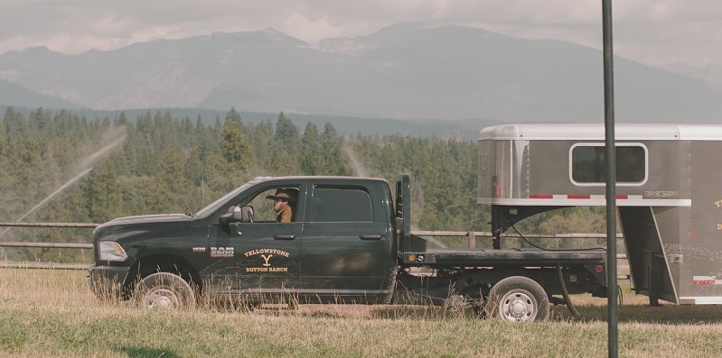 Yellowstone Ram Truck pulling a horse trailer 