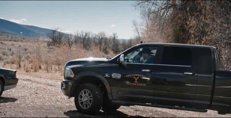 a Ram pickup truck from with the Dutton Ranch logo from the Yellowstone TV series