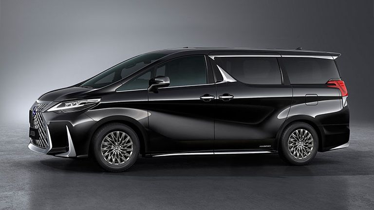 press photo of the side of a black Lexus LM luxury minivan executive vehicle