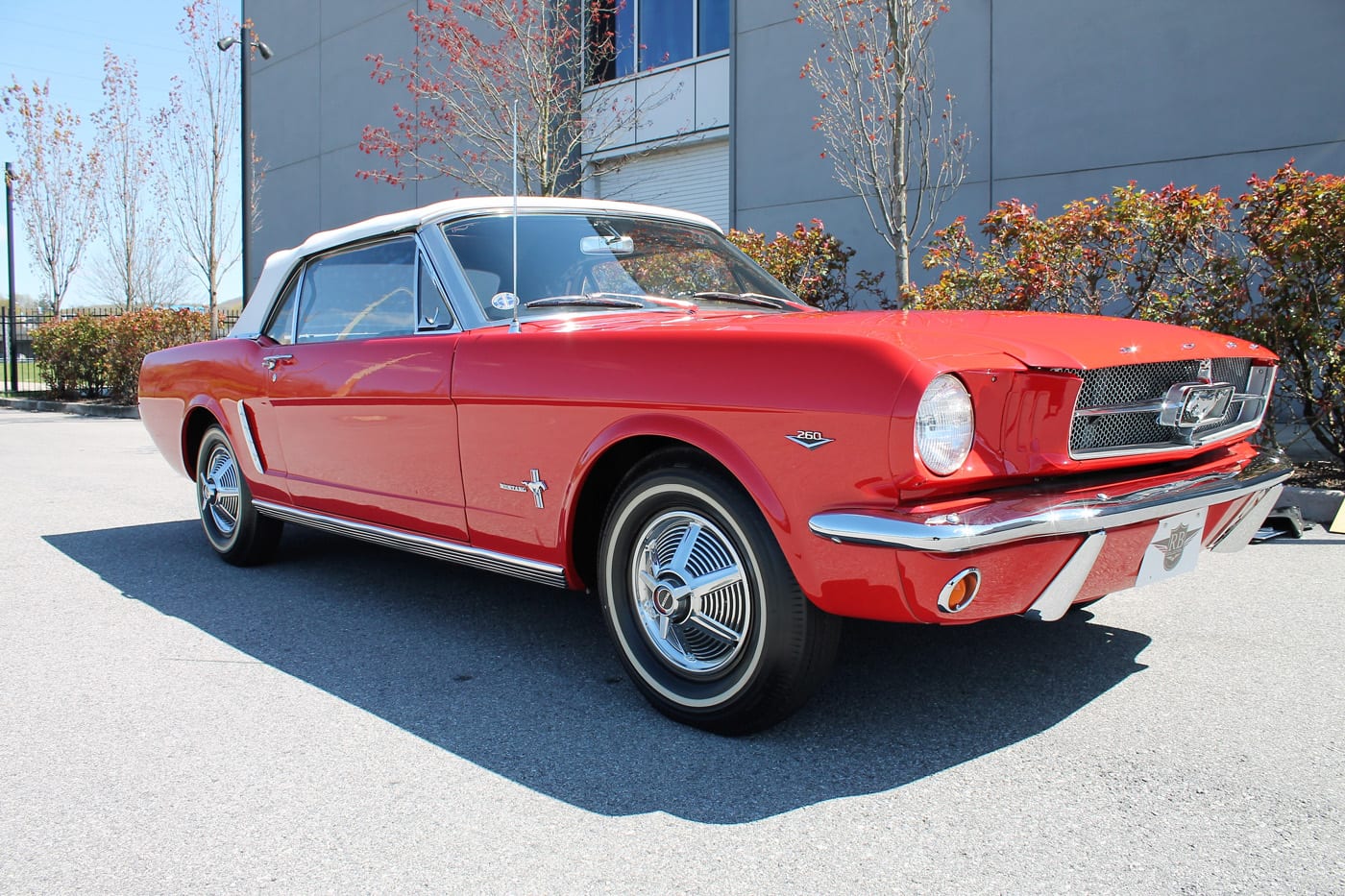 A classic red Ford Mustang convertible with a white top viewed from the front passenger side.