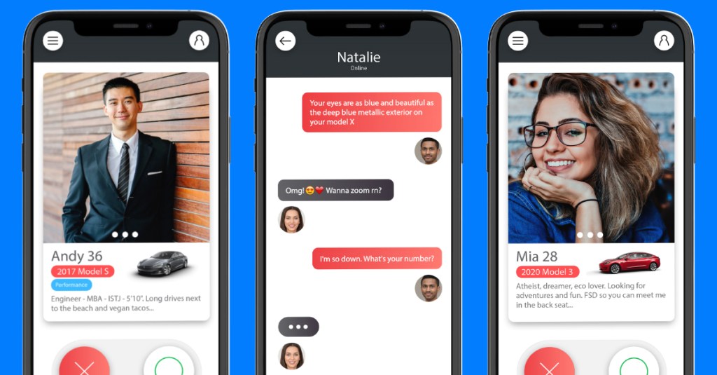 The Tesla Dating Co app layout looks eerily similar to Tinder's.