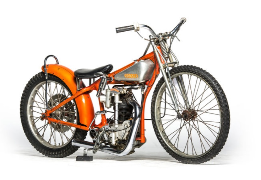 An orange 1934 Crocker Speedway Racer motorcycle