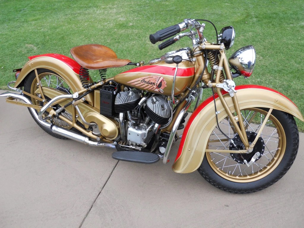 A gold-and-red 1939 Indian Sport Scout