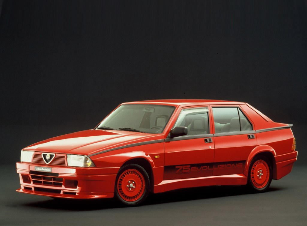 A red 1987 Alfa Romeo 75 Turbo Evoluzione