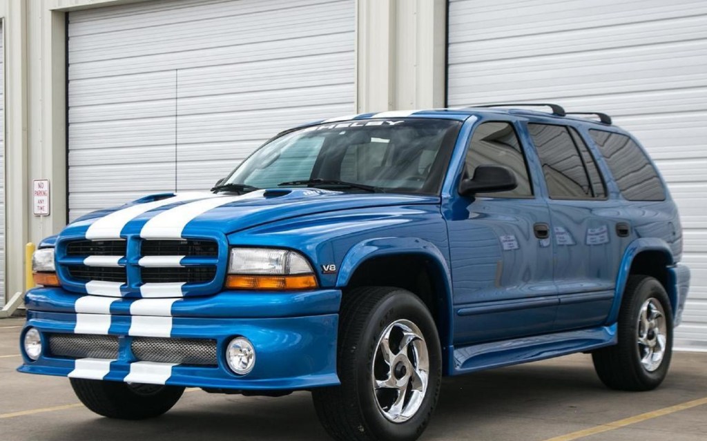 A blue-with-white-stripes 1999 Dodge Durango Shelby SP-360