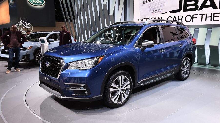 A blue 2019 Subaru Ascent on display at an auto show