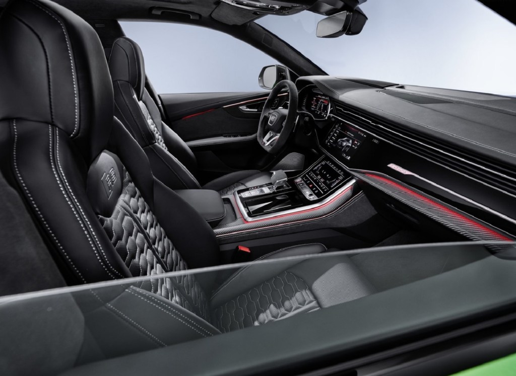 The black-with-red-elements 2020 RS Q8's interior