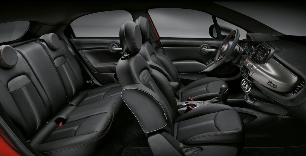 The 2020 Fiat 500X Sport's front seats, rear seats, and dashboard