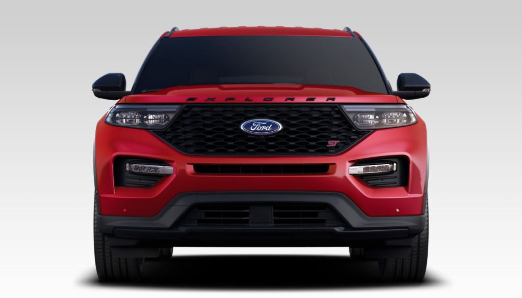 A head-on view of a red 2020 Ford Explorer ST SUV