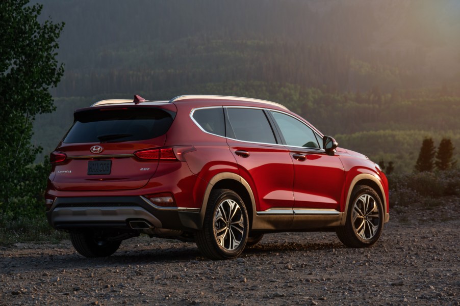 The 2020 Hyundai Santa Fe facing away, looking toward the sunset