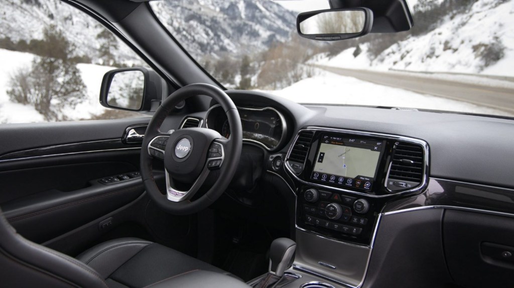 The black interior of a 2020 Jeep Grand Cherokee