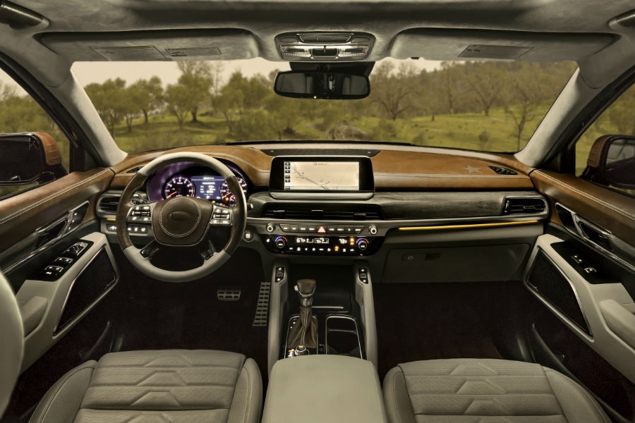 The tan-leather and wood-trimmed 2020 Kia Telluride NY Fashion Week's interior