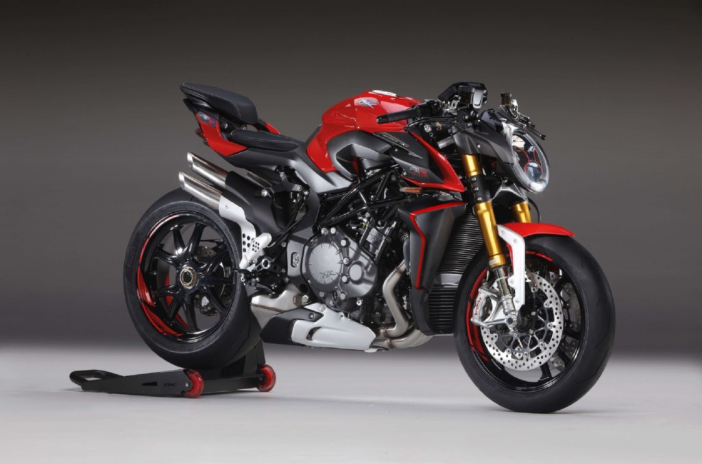 A red-and-black 2020 MV Agusta Brutale 1000 RR on a rear-wheel stand