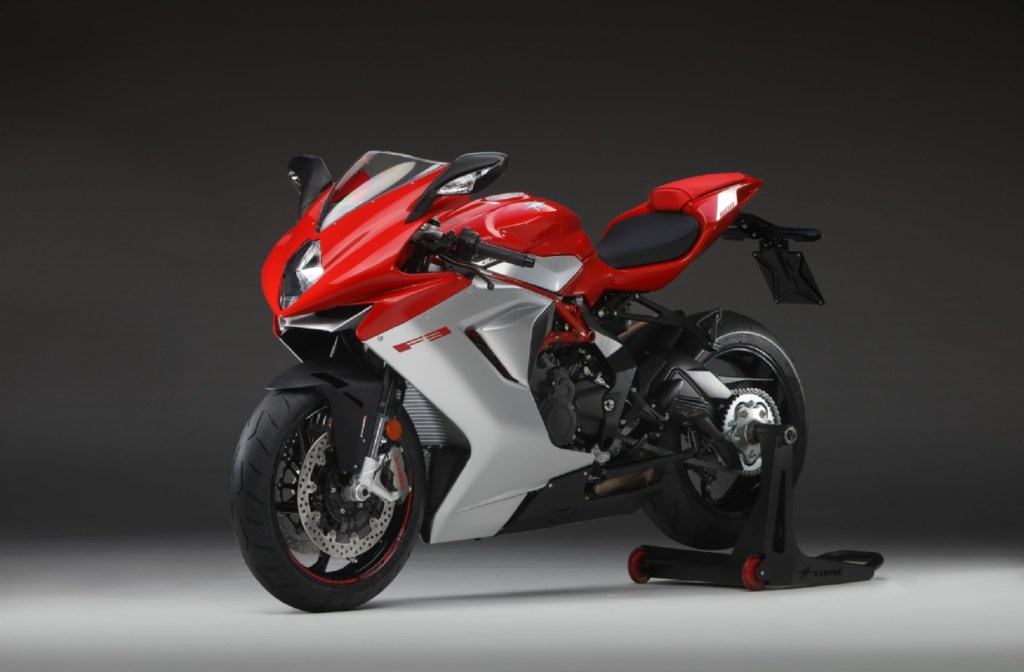 A red-and-white 2020 MV Agusta F3 800 on a rear wheel stand