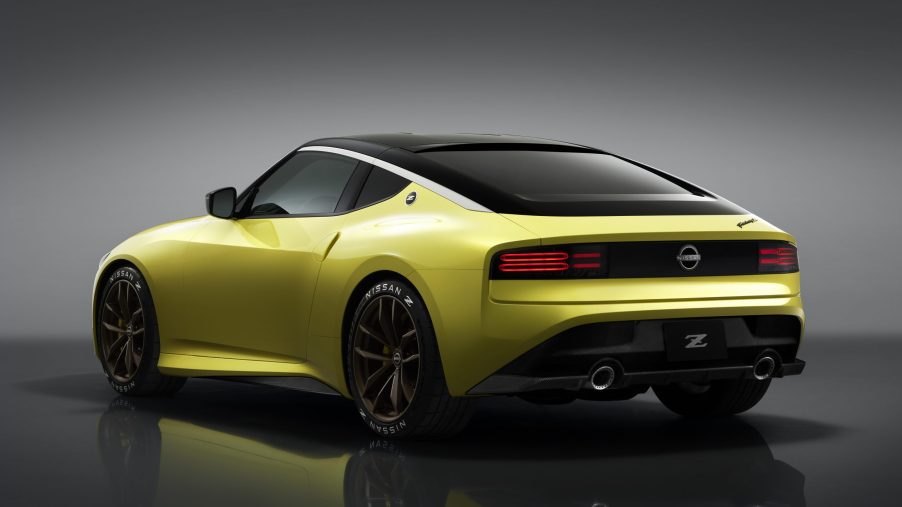 The rear 3/4 view of the yellow 2020 Nissan Z Proto Concept