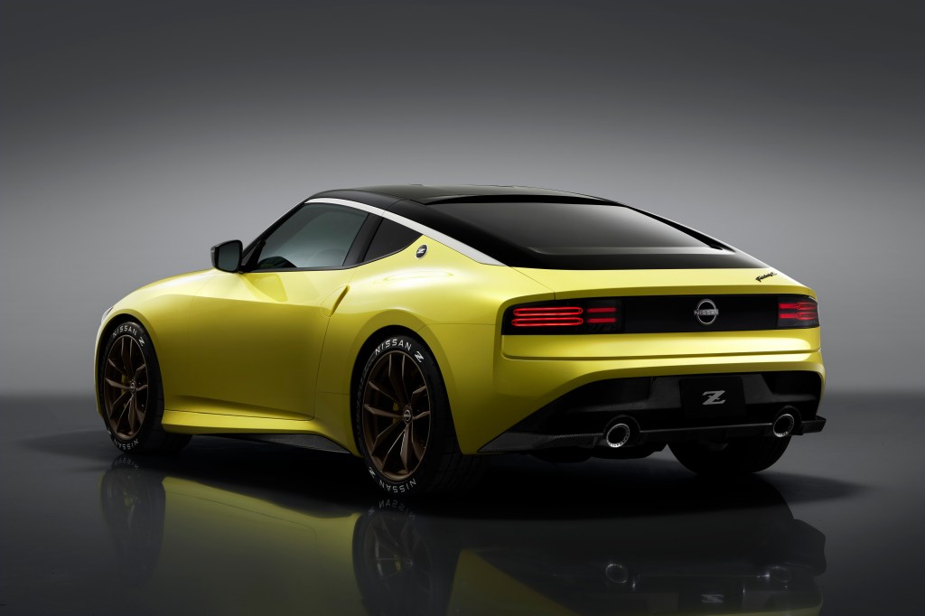 The rear 3/4 view of the yellow 2020 Nissan Z Proto Concept