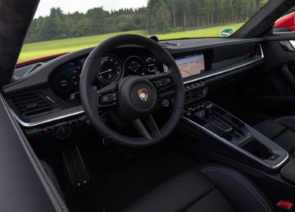 The interior of a 2020 Porsche 911 Carrera equipped with the Sport Chrono Package