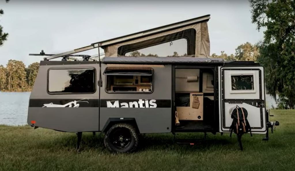 The profile of a 2020 Taxa Outdoors Mantis Pop-up Camper Trailer.
