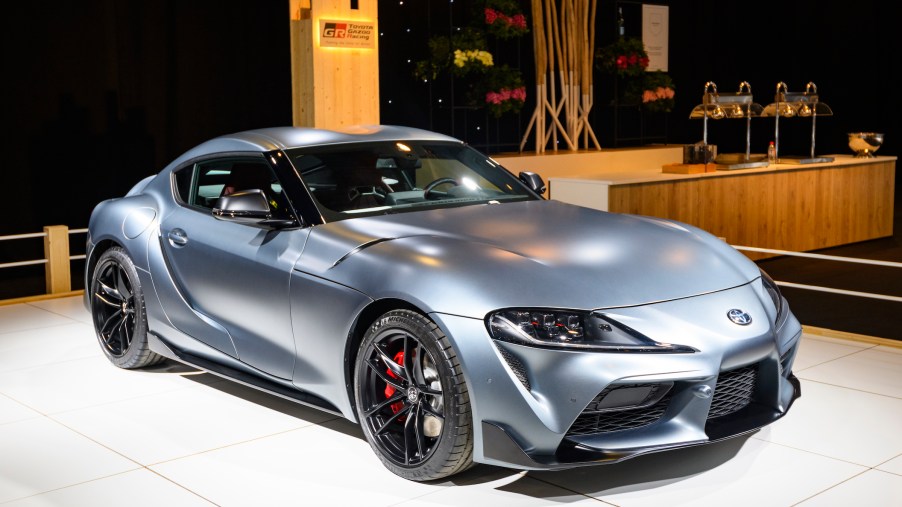 Toyota GR Supra sports car on display at Brussels Expo