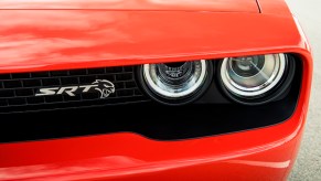 2020 Dodge Challenger SRT up close front detail shot of the grill and headlights