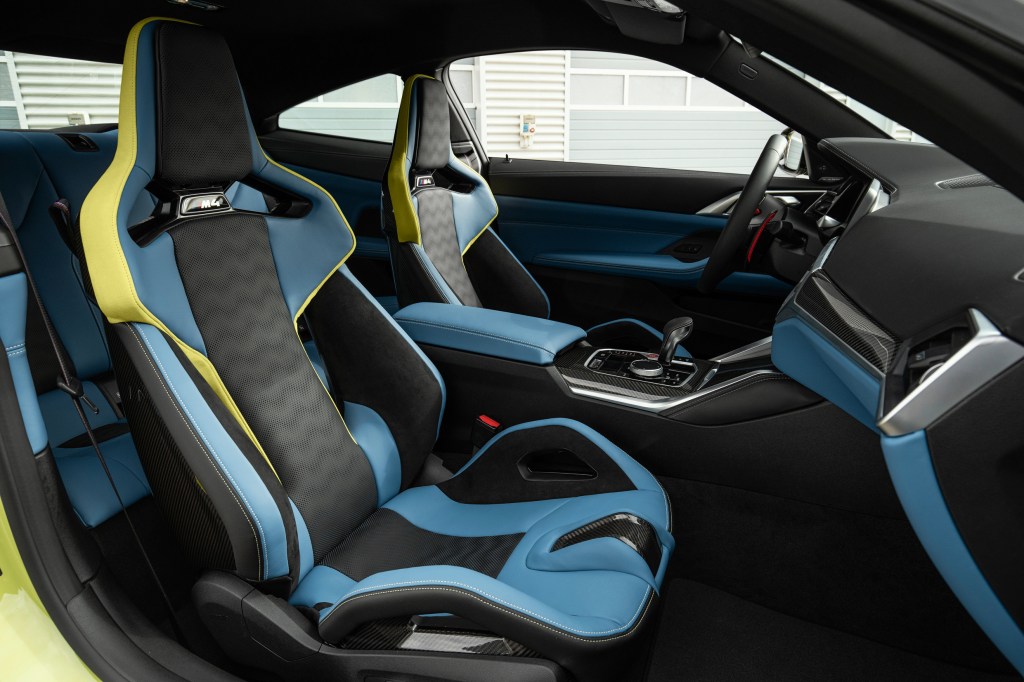 The 2021 BMW M4's optional blue-leather carbon-fiber sport seats