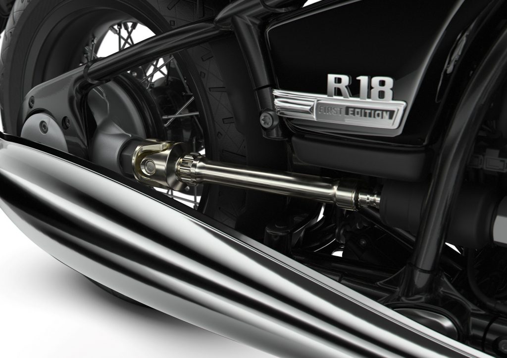 A close-up of the 2021 BMW R18 First Edition's driveshaft