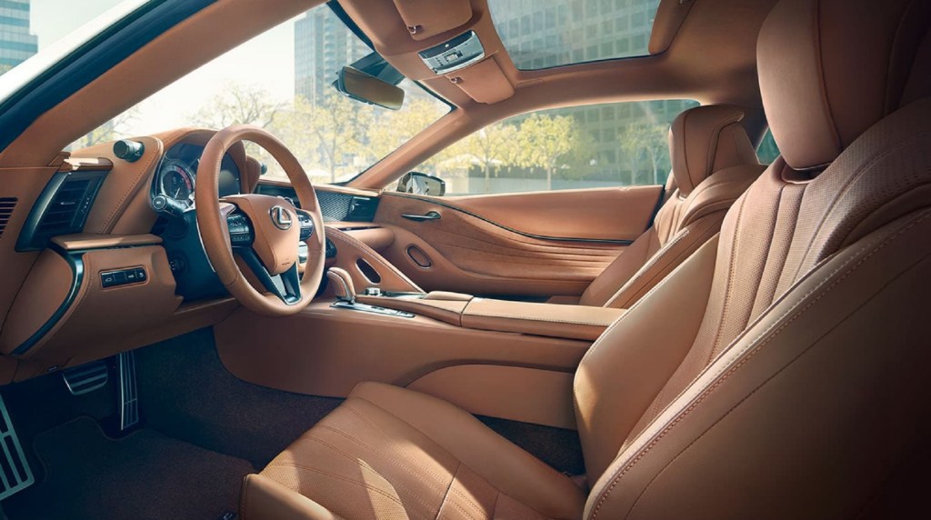 The tan-leather-upholstered 2021 Lexus LC 500 interior