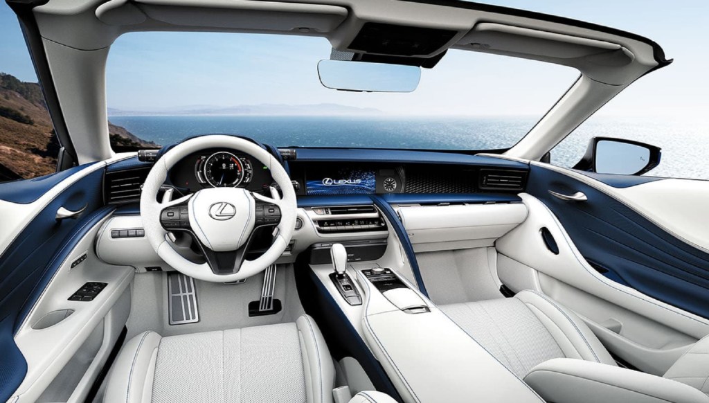 The blue-and-white leather-upholstered interior of the 2021 Lexus LC500 Convertible