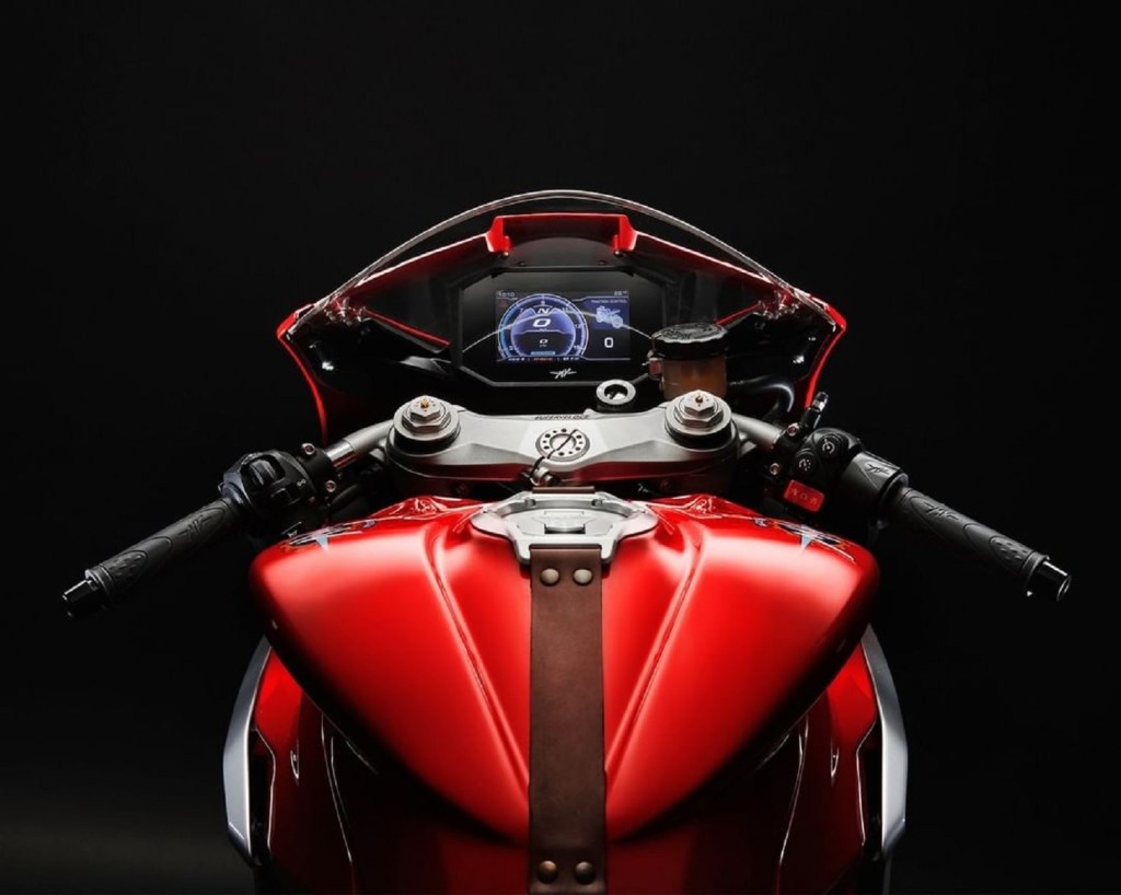 The 2021 MV Agusta Superveloce 800's TFT dash, clip-on bars, and leather tank strap