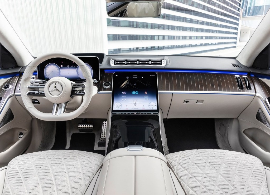 A white-leather 2021 Mercedes-Benz S-Class' luxury car interior
