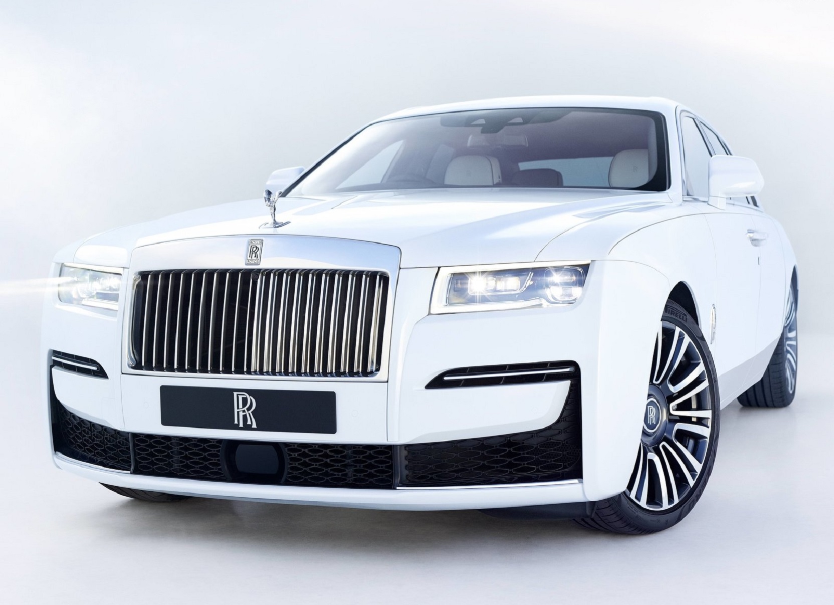 A white 2021 Rolls-Royce Ghost, the luxury brand's entry-level car