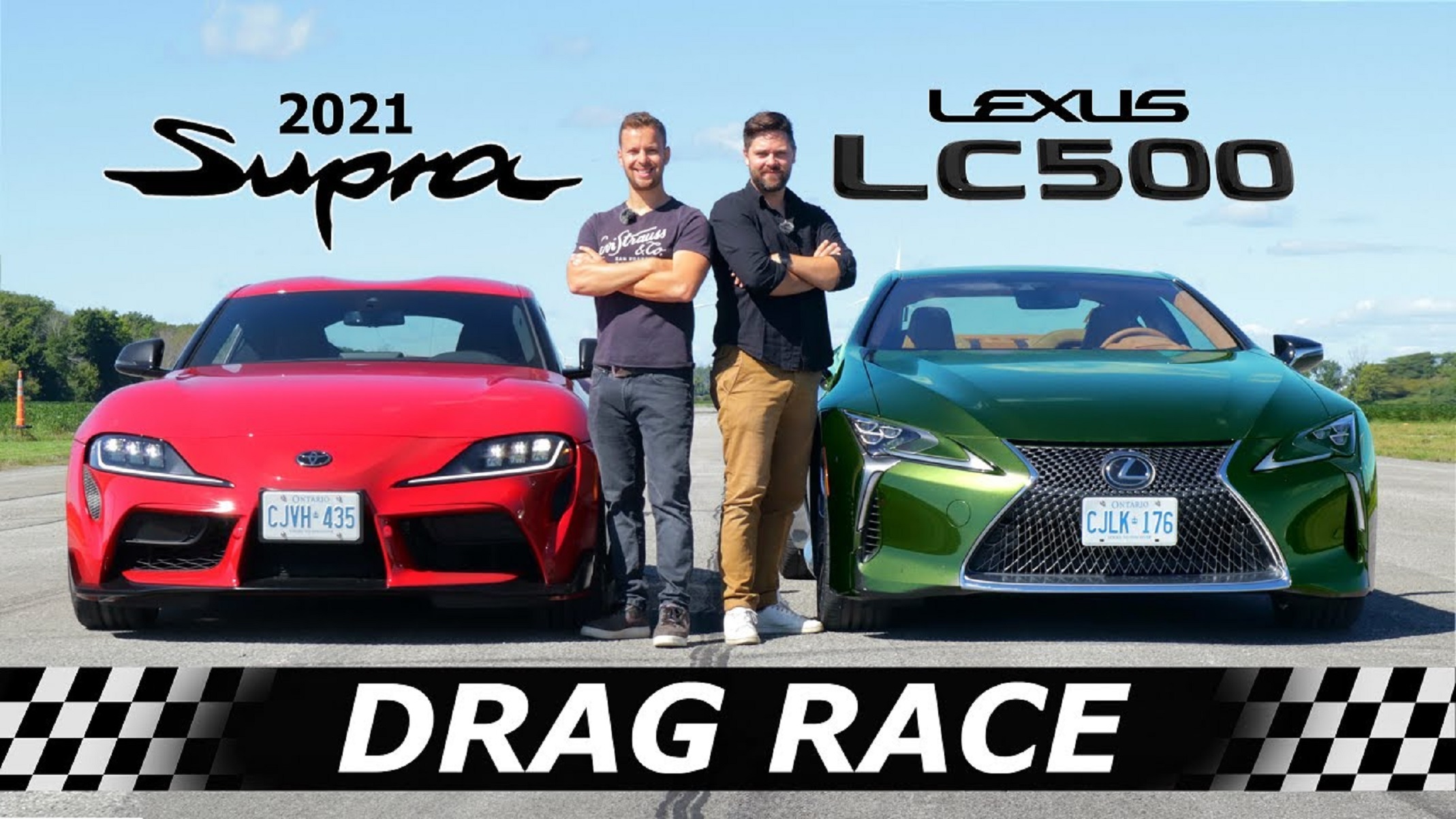 A red 2021 Toyota Supra 3.0 next to a green 2021 Lexus LC500