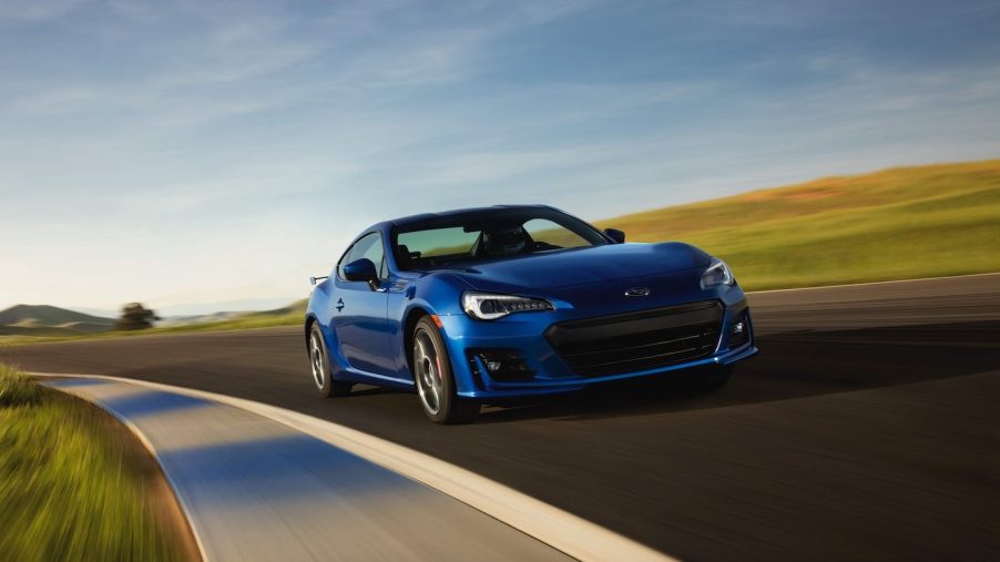 The Subaru BRZ is a lightweight rear-wheel-drive sports car with 205 hp and a manual transmission.