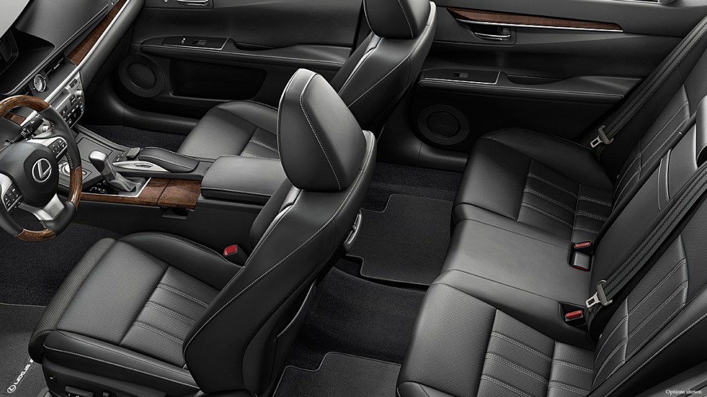 A 2017 Lexus with black leatherette seats.