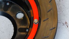 A NASCAR slotted brake rotor