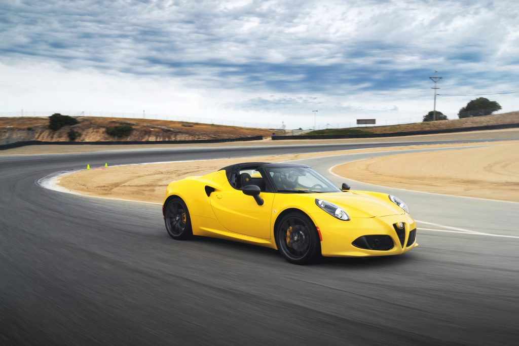 The Alfa Romeo 4C is a mid-engined sports car with a turbocharged engine and a dual-clutch automatic transmission.