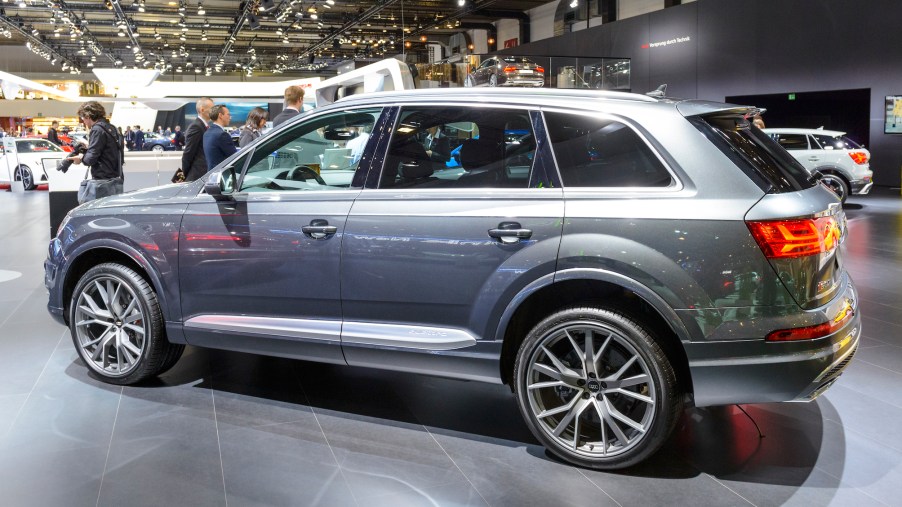Audi Q7 SQ7 TDI luxury SUV car rear side view on display at Brussels Expo