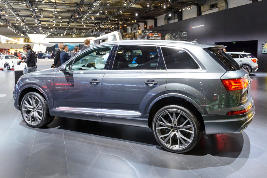 Audi Q7 SQ7 TDI luxury SUV car rear side view on display at Brussels Expo