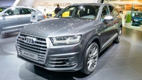 Audi Q7 SQ7 TDI luxury SUV car front view on display at Brussels Expo