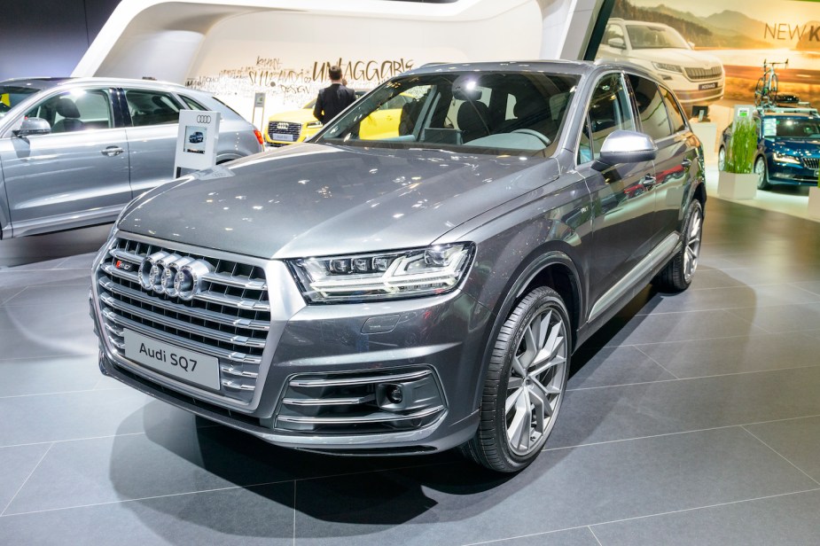 Audi Q7 SQ7 TDI luxury SUV car front view on display at Brussels Expo