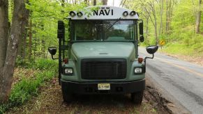 Navigation nowhere bus front in the forest