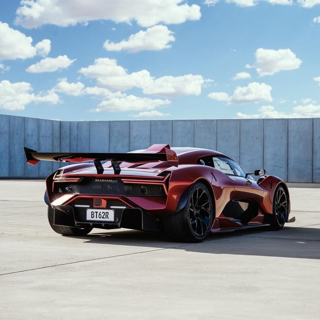 The rear view of a red Brabham BT62R