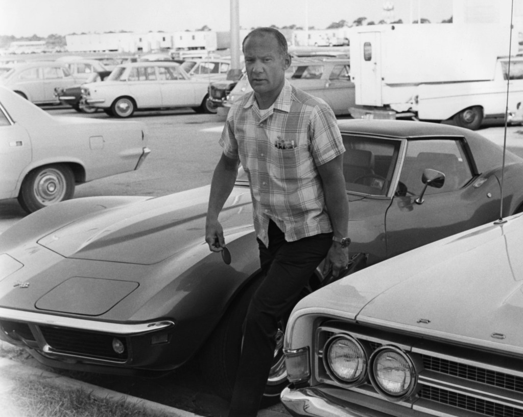 Apollo 11 astronaut Edwin "Buzz" Aldrin arrives at the flight crew training building of the NASA Kennedy Space Center in Florida with one of the most iconic vehicles of all time, Buzz Aldrin's Corvette